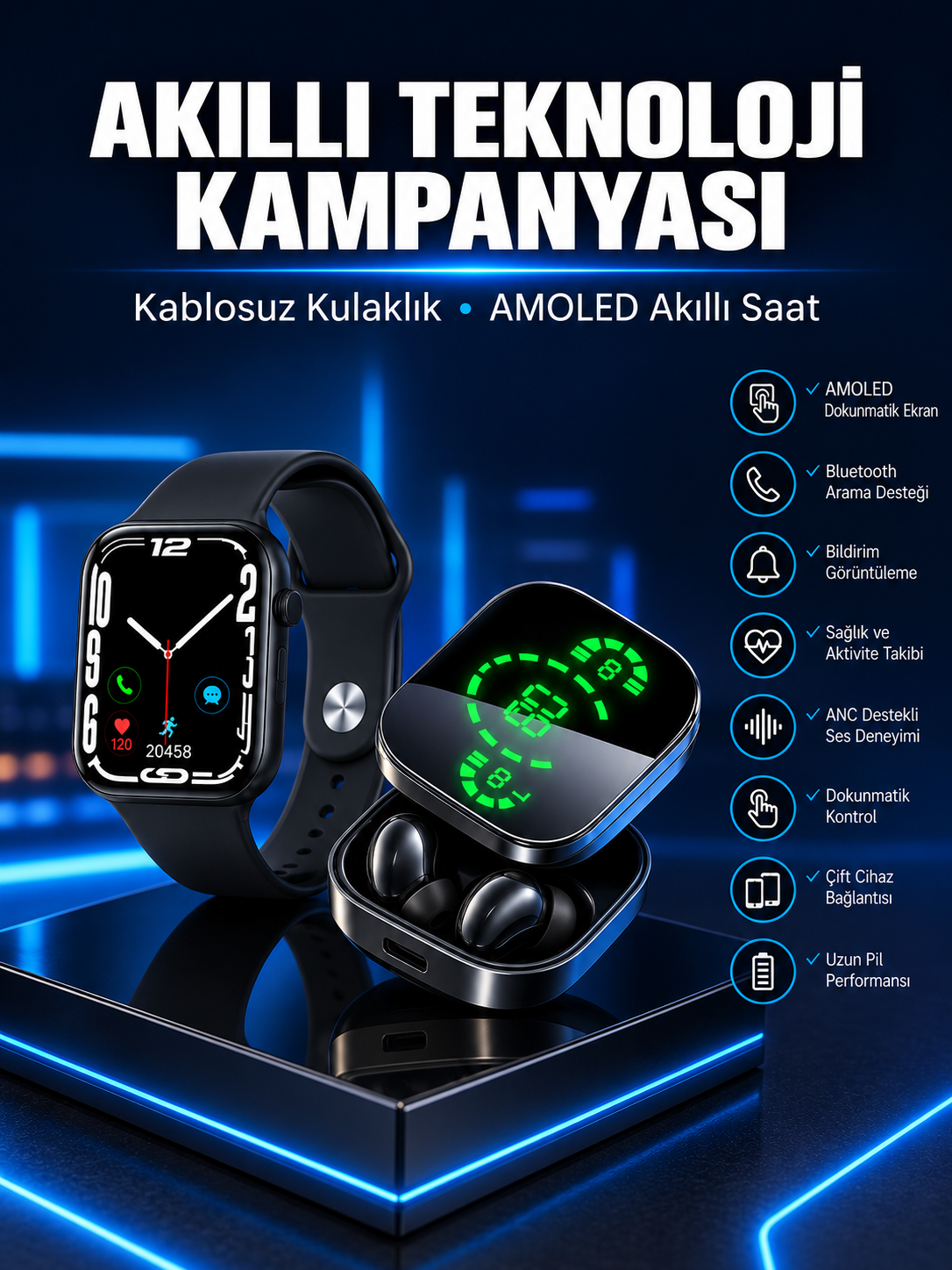 Yeni Nesil Akıllı Saat ve Ucuz Kaliteli Bluetooth Kablosuz Kulaklık Amoled Ekran