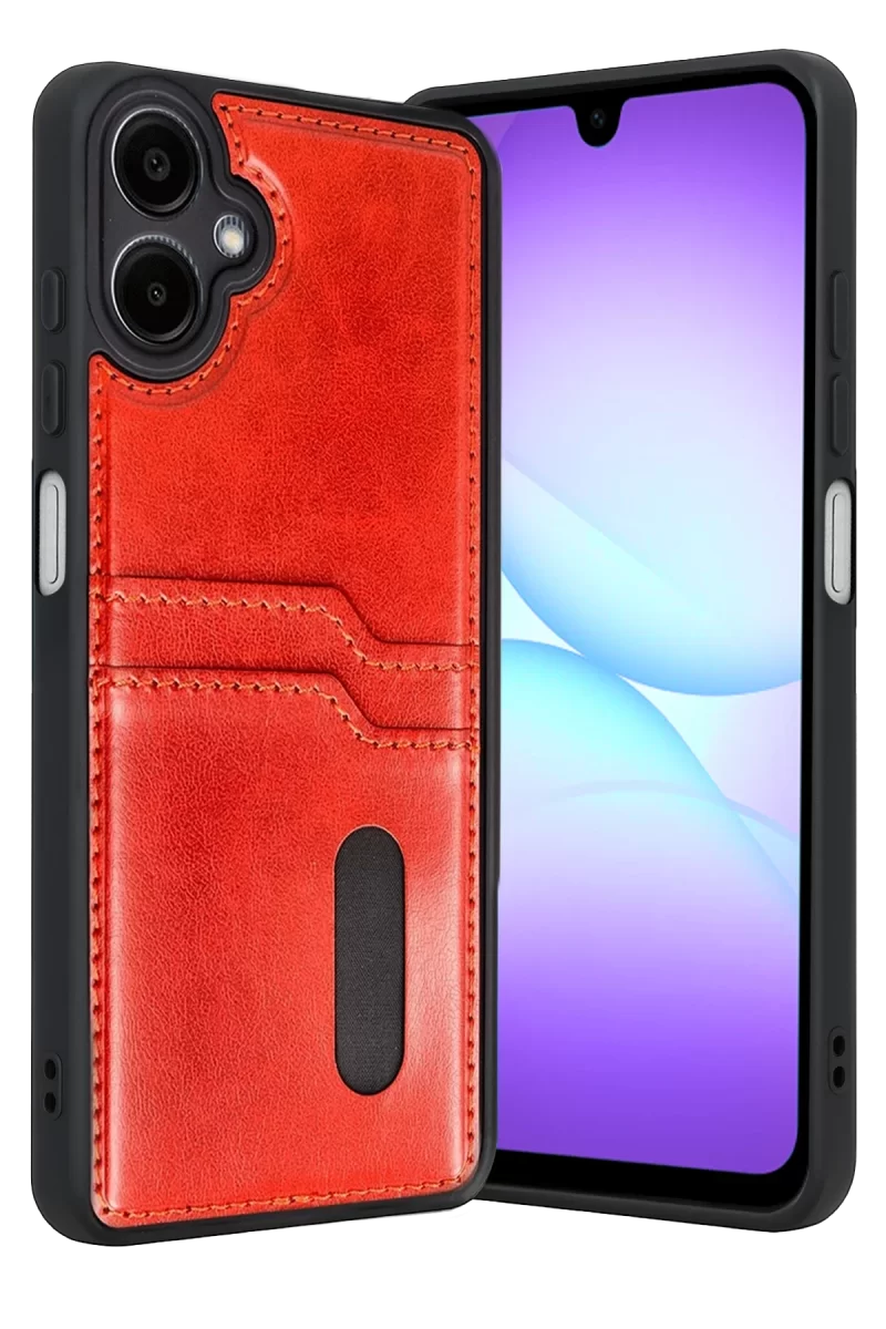 Newface Samsung Galaxy A07 4G Sara Kartvizitli Deri Kılıf - Kırmızı