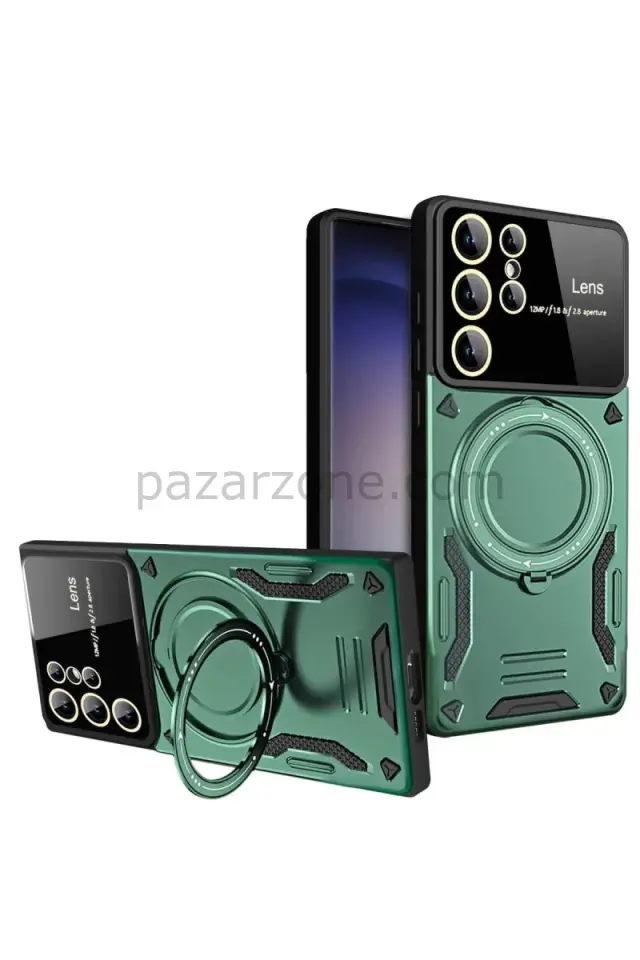 Newface Samsung Galaxy S24 Ultra Kılıf Joy Lens Standlı Kapak - Koyu Yeşil
