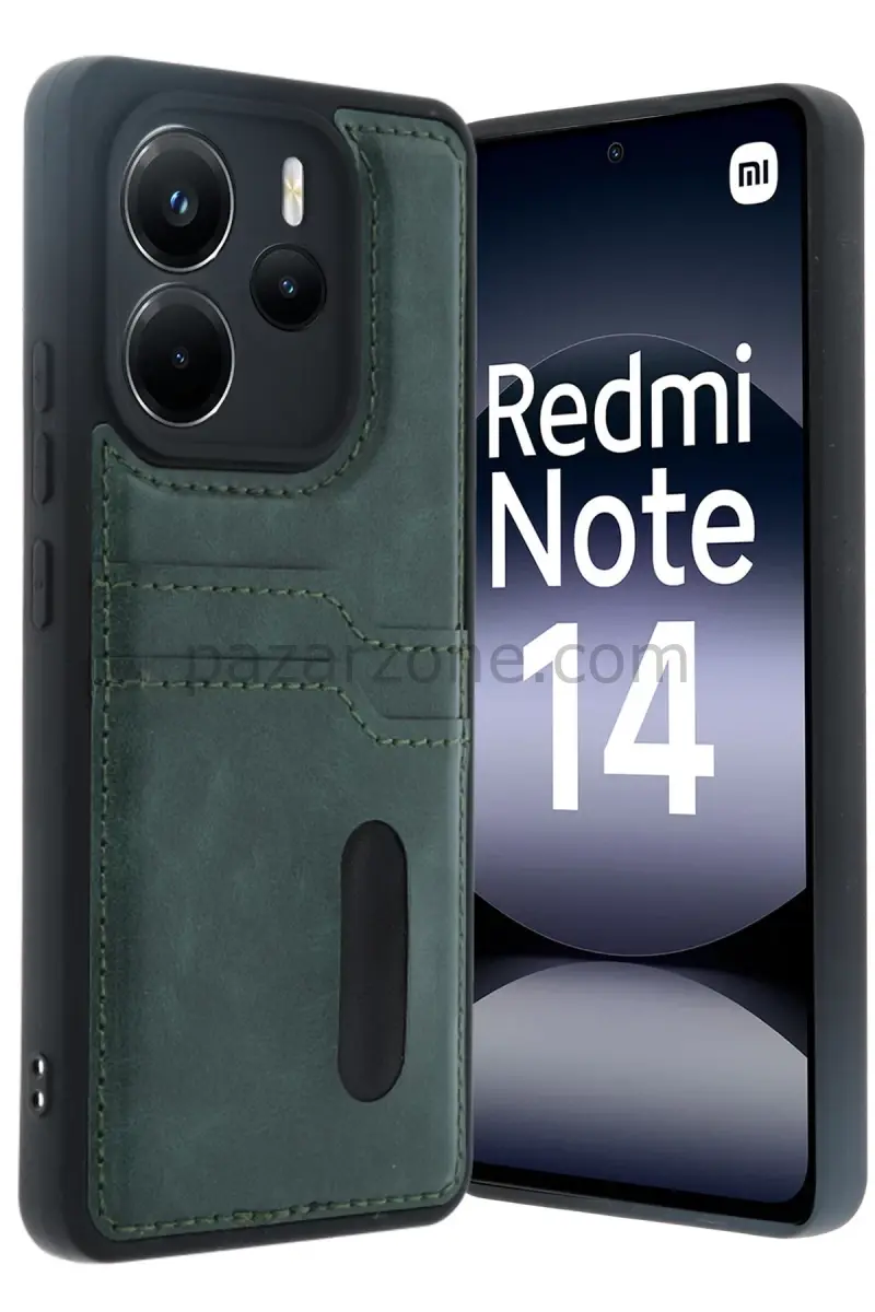Newface Xiaomi Redmi Note 14 4G Kılıf Sara Kartvizitli Deri Kılıf - Koyu Yeşil
