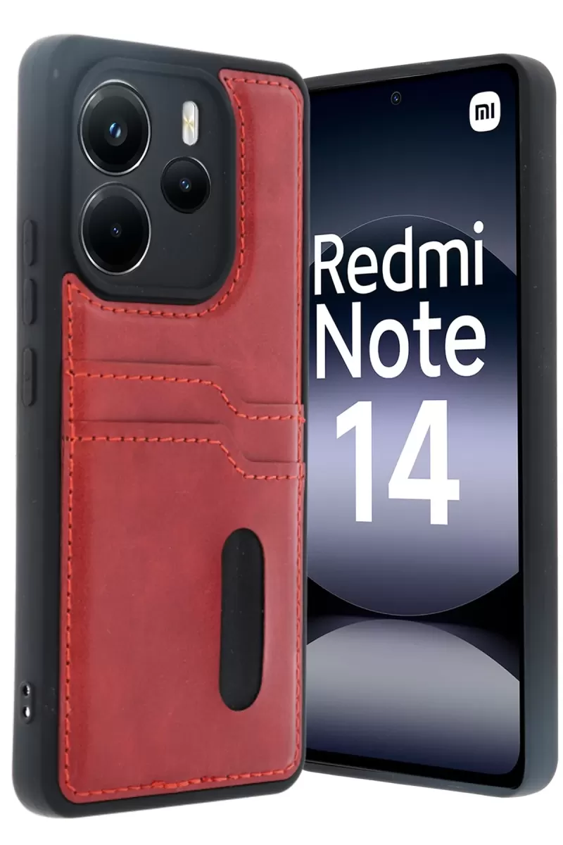 Newface Xiaomi Redmi Note 14 4G Kılıf Sara Kartvizitli Deri Kılıf - Kırmızı