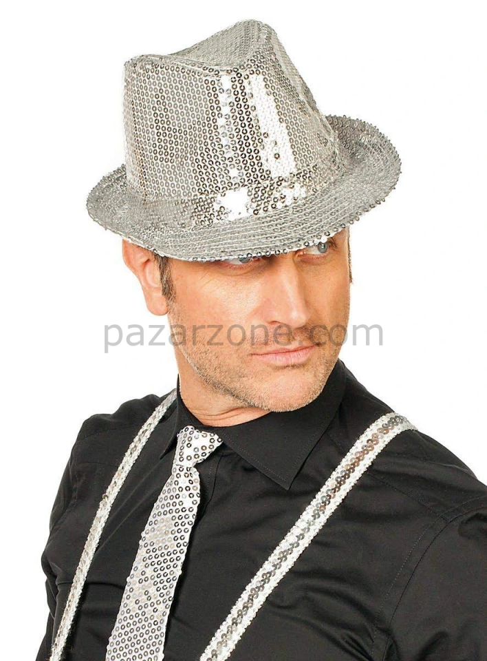 Disko Star Gümüş Payetli Fötr Şapka Yetişkin Boy