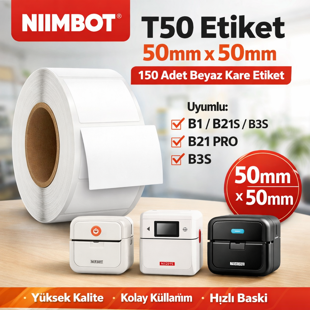 NIIMBOT T50 Etiket 50mm x 50mm (Tek Kolonda 1li) 150 adet Beyaz Kare (B1, B21S, B3S, B21 PRO)
