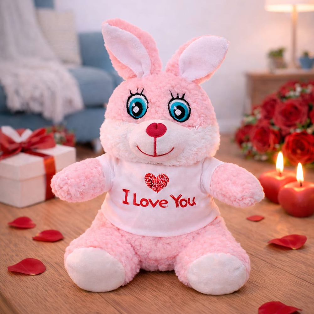 I Love You Tişörtlü Sevimli Pembe Peluş Tavşan