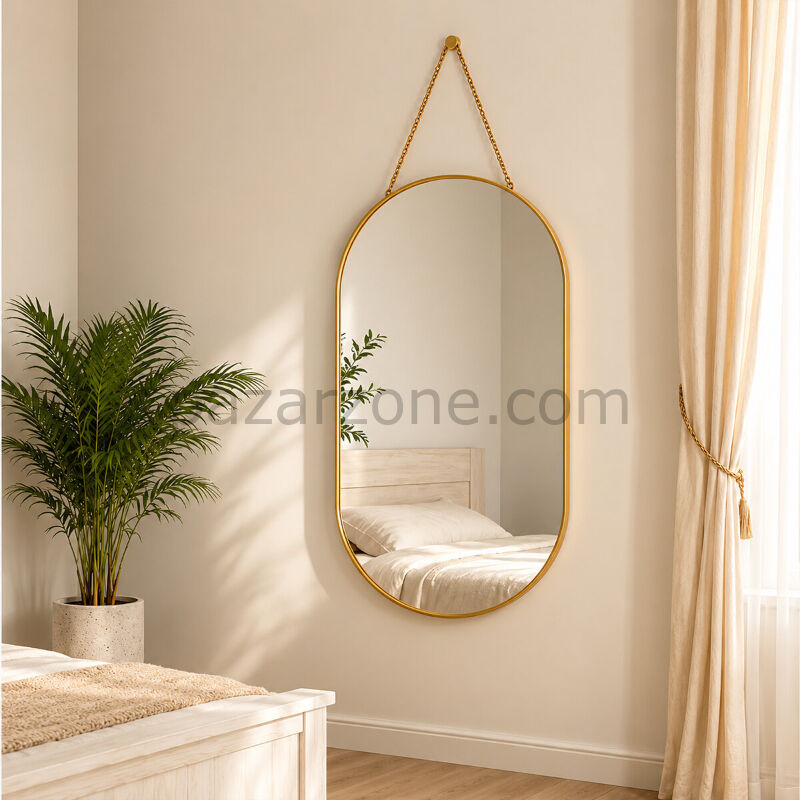 Dekoratif Duvar Aynası - Gold Metal Çerçeveli - İp Askılı - 24x40 cm