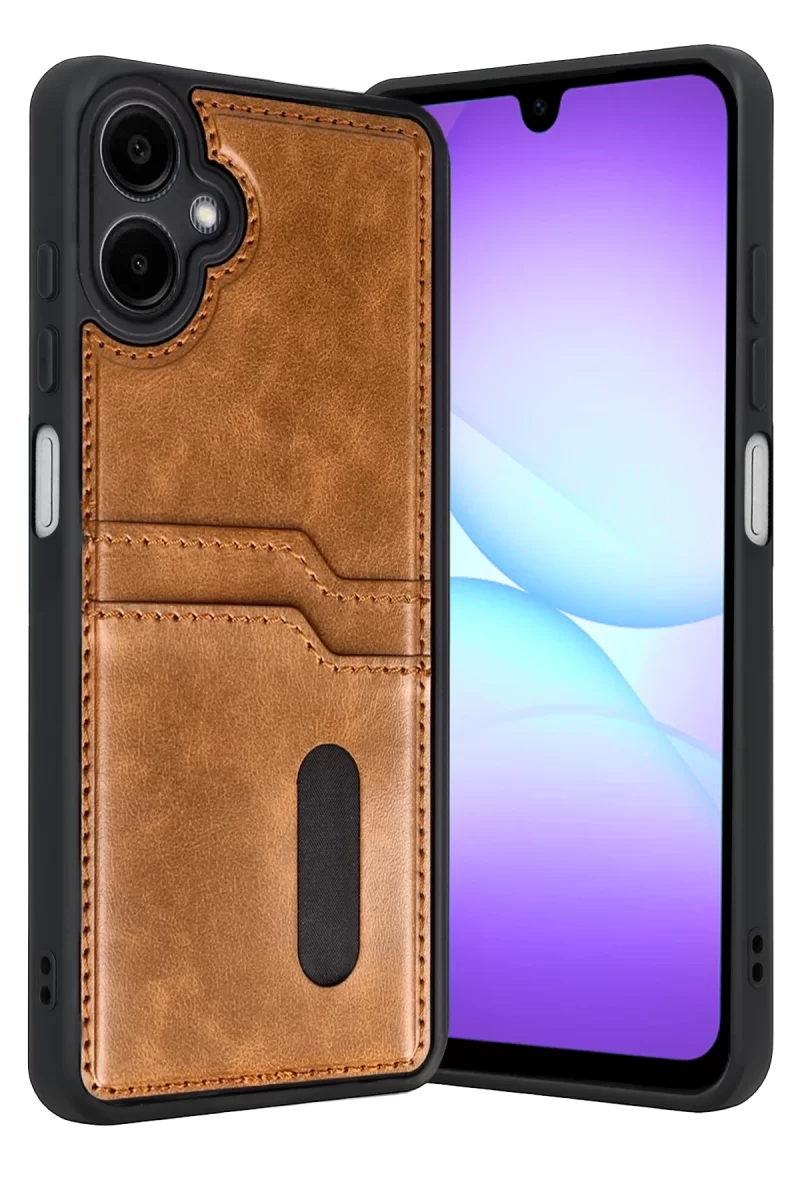 Newface Samsung Galaxy A07 4G Sara Kartvizitli Deri Kılıf - Taba