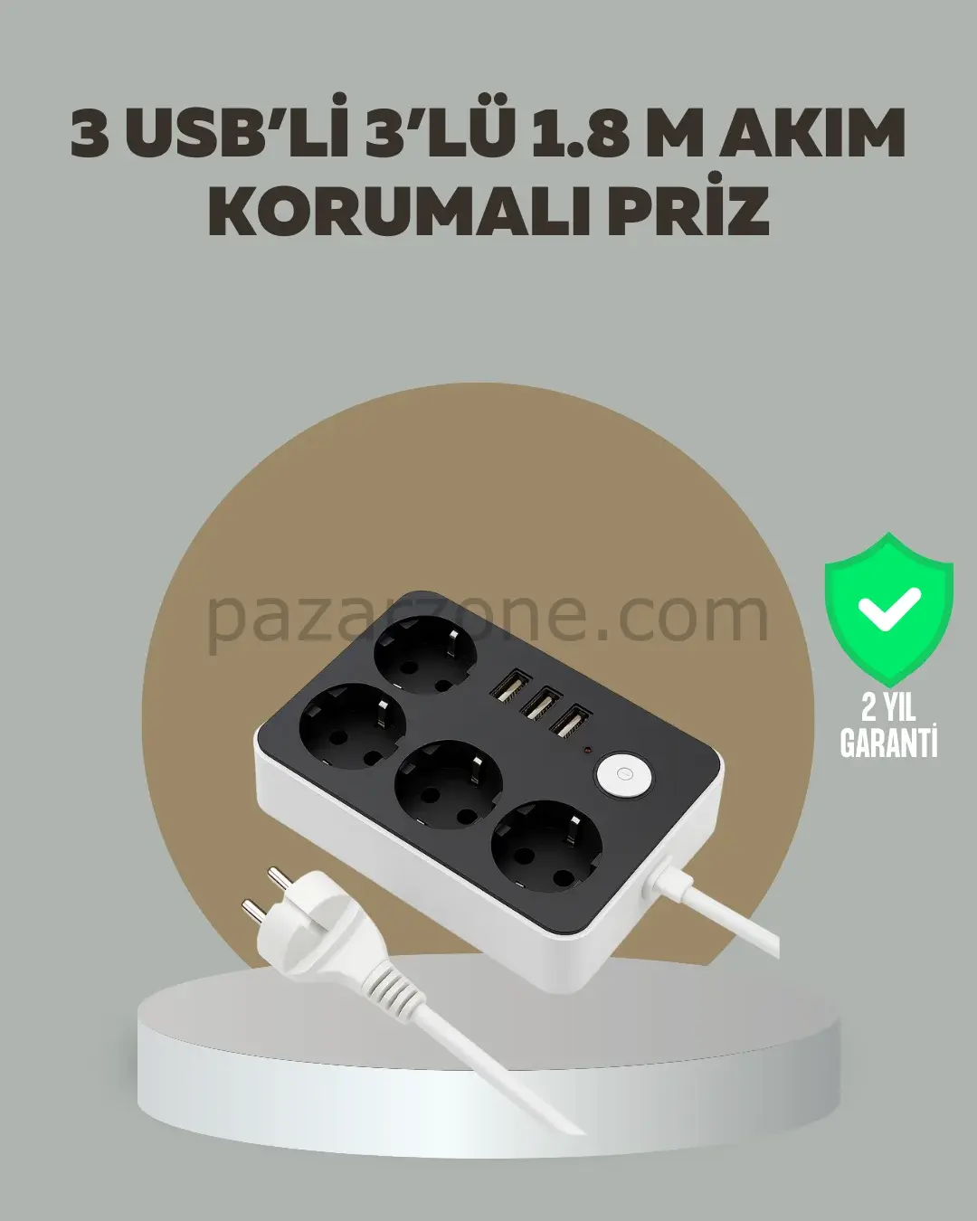 4 Prizli 3 USB Portlu Anahtarlı Akım Korumalı Priz