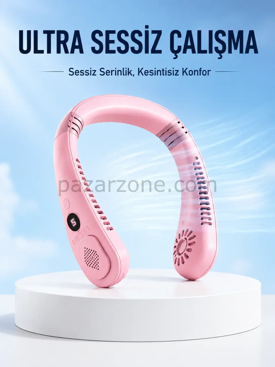 Pembe Şarjlı Boyun Fanı 5 Kademeli Hız Ayarlı Taşınabilir Boyun Tipi Fan