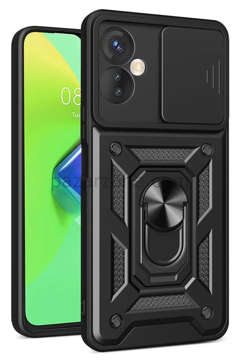 Newface İnfinix Hot 30 4G Kılıf Pars Lens Yüzüklü Silikon - Siyah