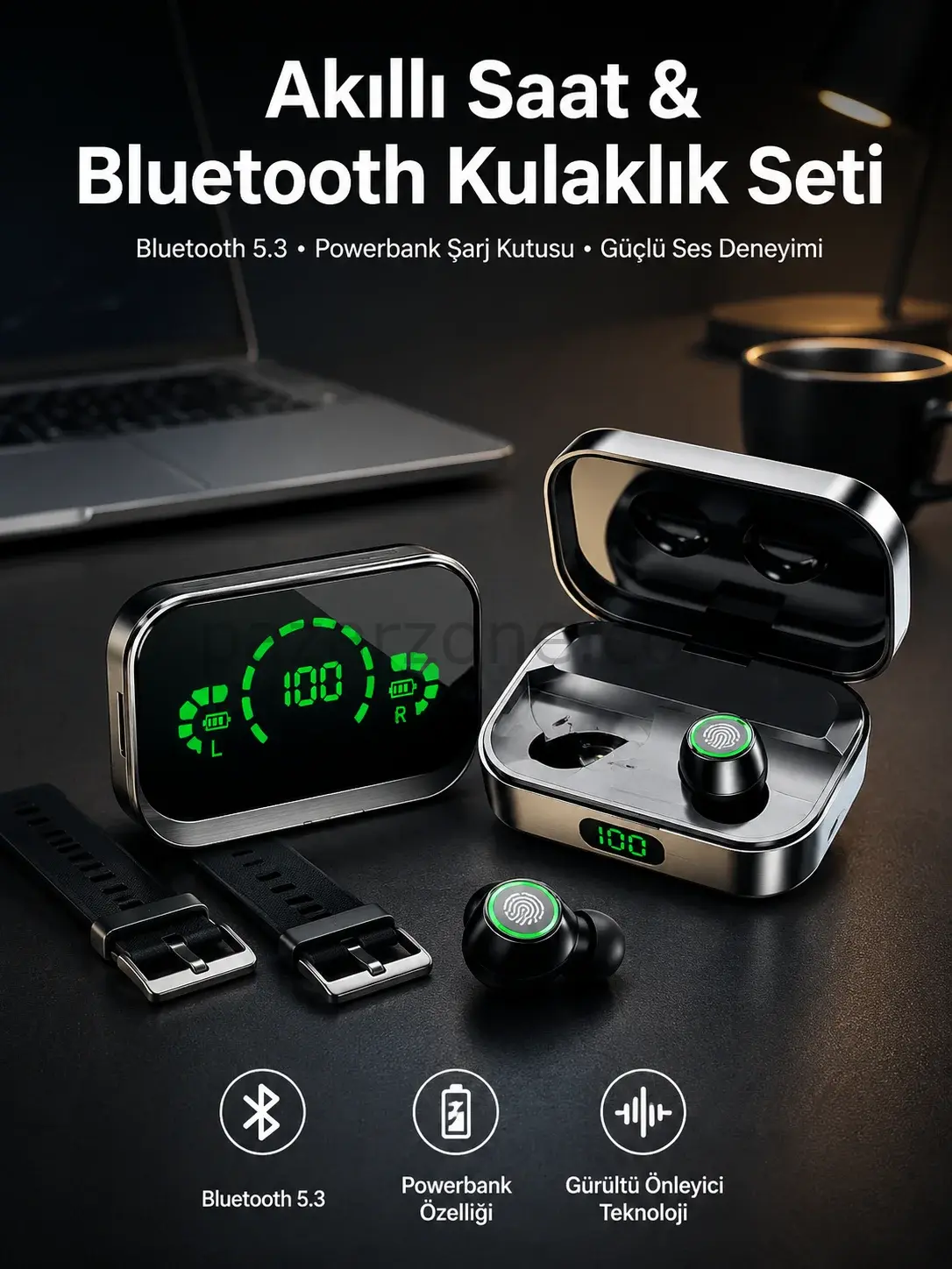 TWS Bluetooth Kulaklık ve Akıllı Saat Uyku Takibi Nabız Ölçer Uzun Pil Ömrü