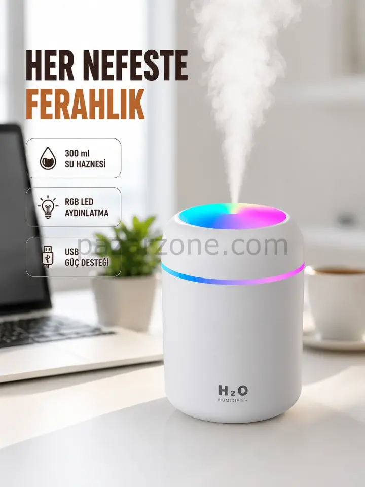 ABS Gövdeli 300ml USB Nemlendirici – Beyaz, Gri, Pembe Renk