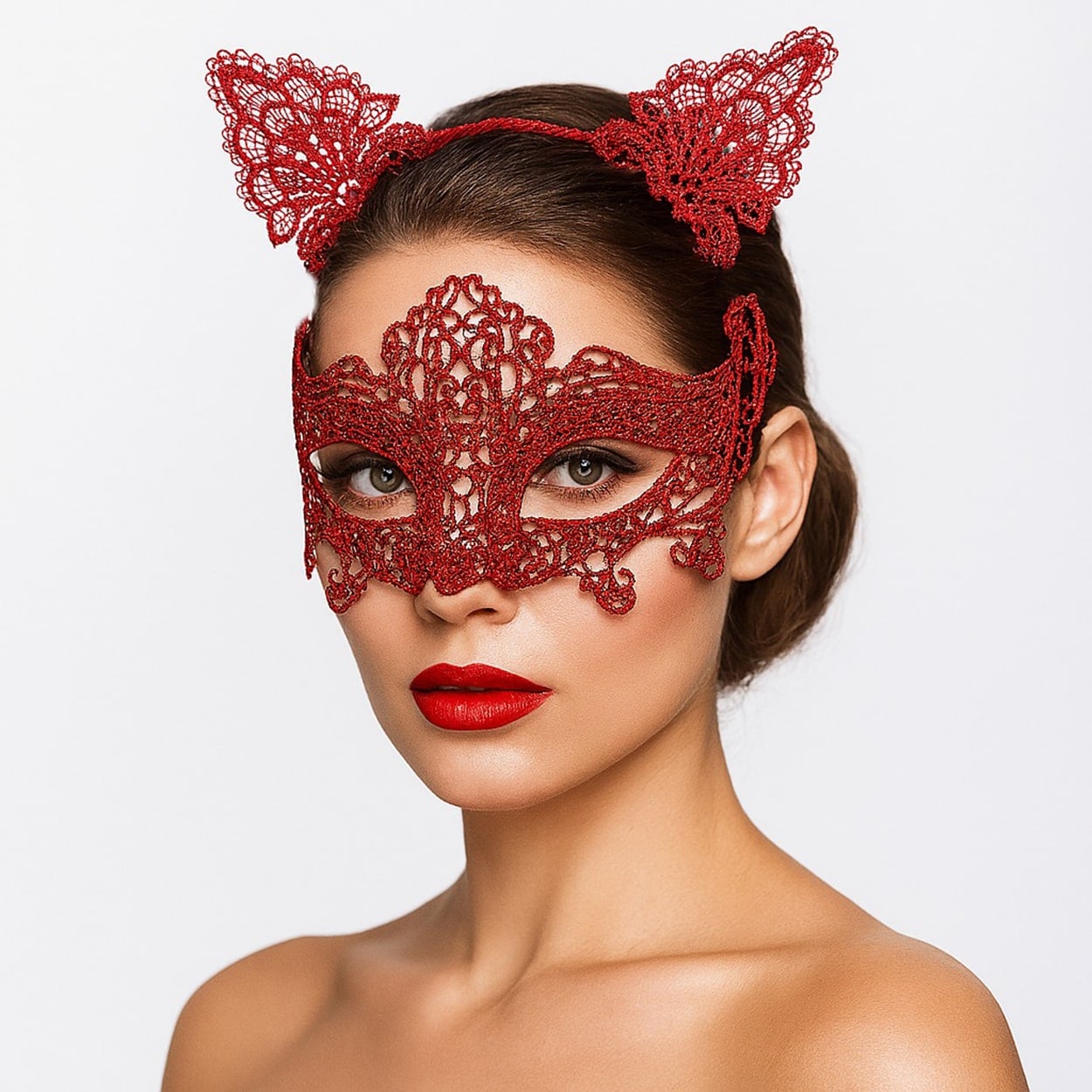 Romantik Kırmızı Dantel Maske Seti – Kedi Kulaklı Taç ve Maske No 3