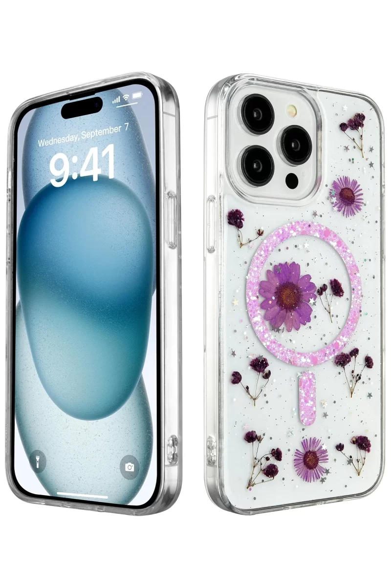 Newface Apple iPhone 14 Pro Max Kılıf Daisy Simli Magsafe Kapak - Mor