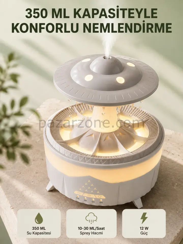 Dekoratif UFO Hava Nemlendirici Simüle Yağmur Damlalı Renkli Gece Işıklı 350 ML