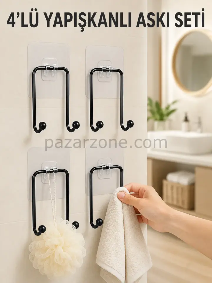 4'lü Yapışkanlı Askı Seti Mutfak Banyo ve Ev İçin Duvar Askısı