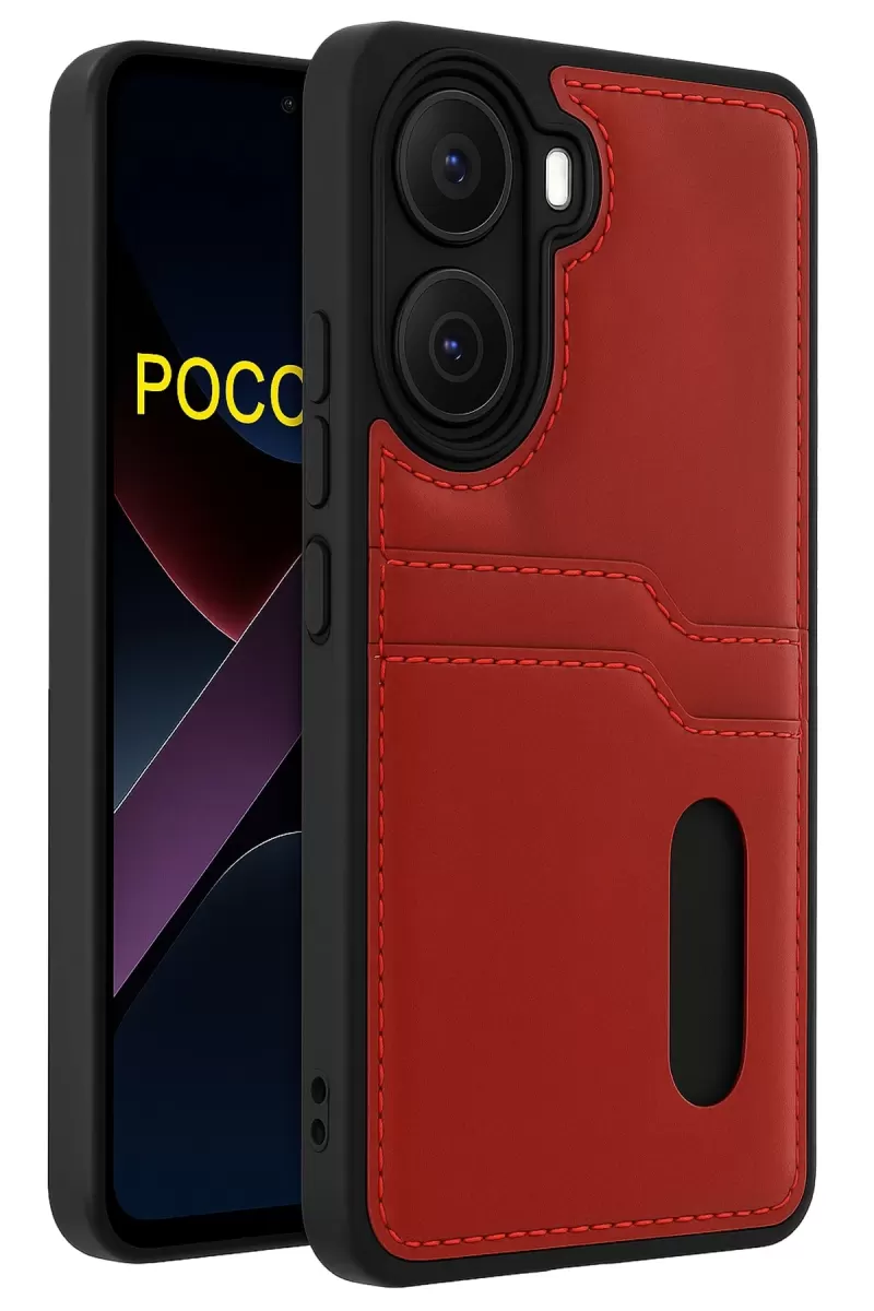 Newface Xiaomi Poco X7 Pro Kılıf Sara Kartvizitli Deri Kılıf - Kırmızı