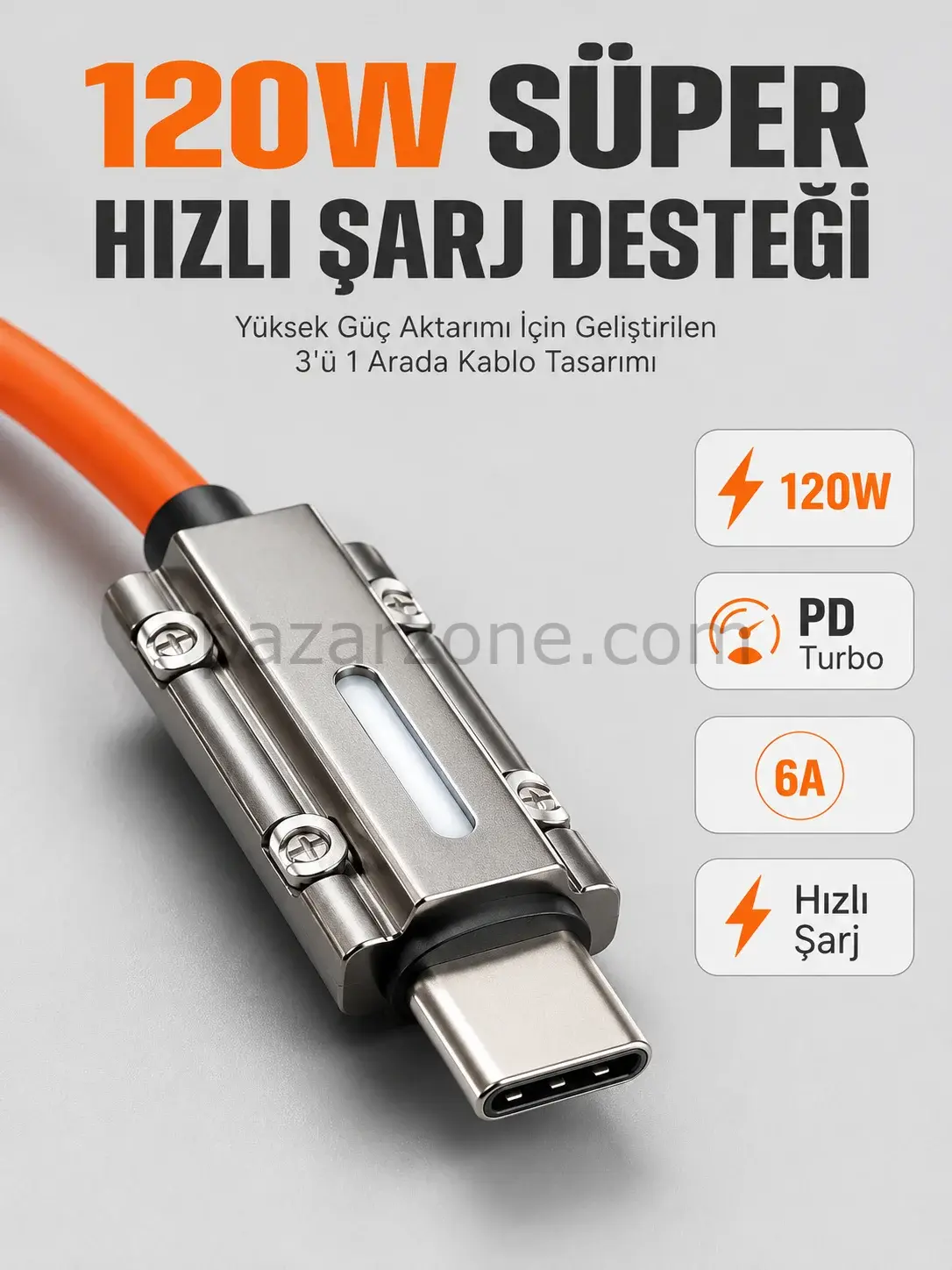 LED Göstergeli 120W PD Turbo Destekli Premium 3'ü 1 Arada Şarj Kablosu