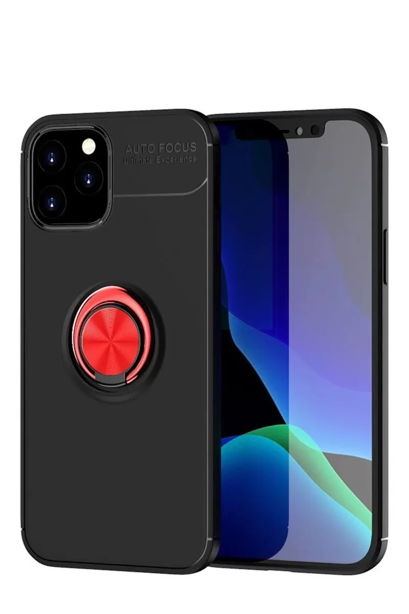 Newface Apple iPhone 12 Kılıf Range Yüzüklü Silikon - Siyah-Kırmızı