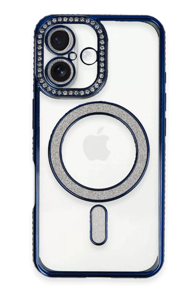 Newface Apple iPhone 16 Kılıf Joke Simli Magneticsafe Kılıf - Lacivert