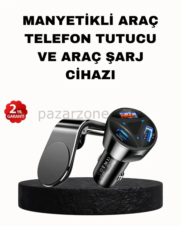 Manyetik Araç Telefon Tutucu ve Hızlı Şarj Adaptörü 2’li Set