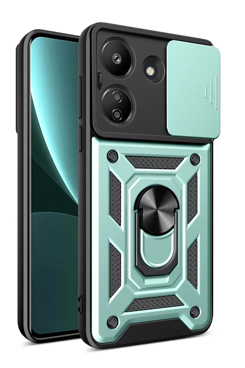 Newface Xiaomi Redmi 13C Kılıf Pars Lens Yüzüklü Silikon - Yeşil