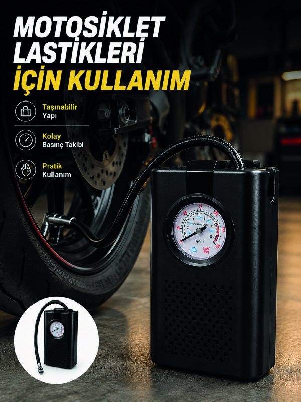 Araç Lastik Şişirme Pompası Taşınabilir Analog Basınç Göstergeli Hava Kompresörü