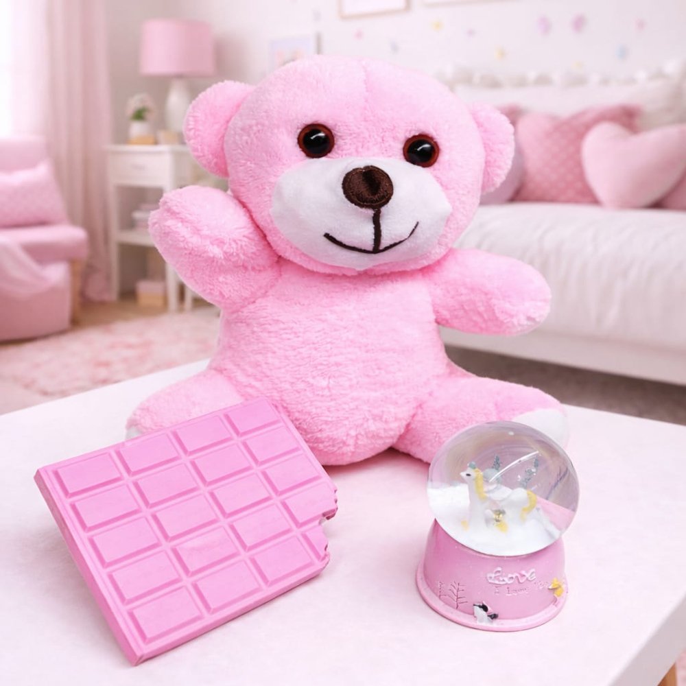 Pembe Peluş Ayıcık, Kar Küresi Ve Pembe Çikolata Not Defteri Hediye Seti