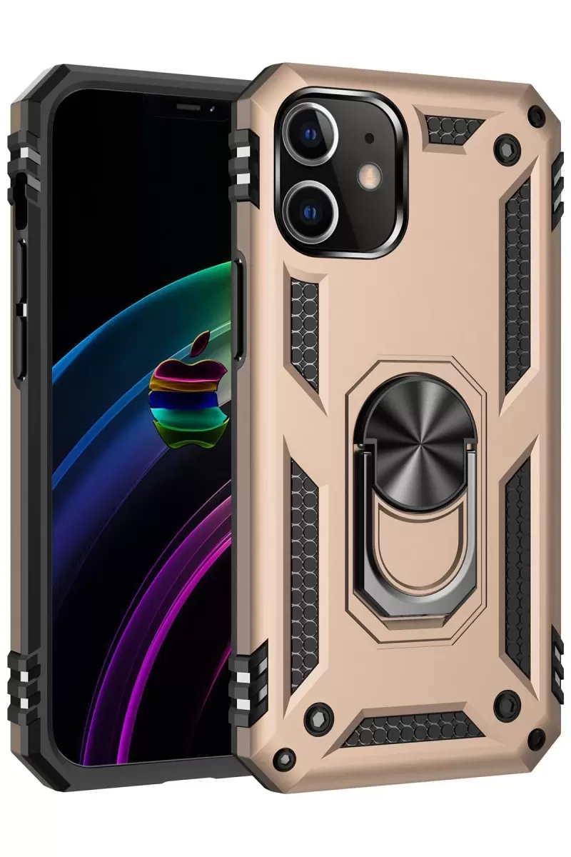 Newface Apple iPhone 12 Kılıf Sofya Yüzüklü Silikon Kapak - Gold