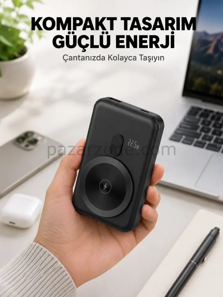 Manyetik Kablosuz Powerbank 22.5W Hızlı Şarj LCD Göstergeli Yeni Nesil