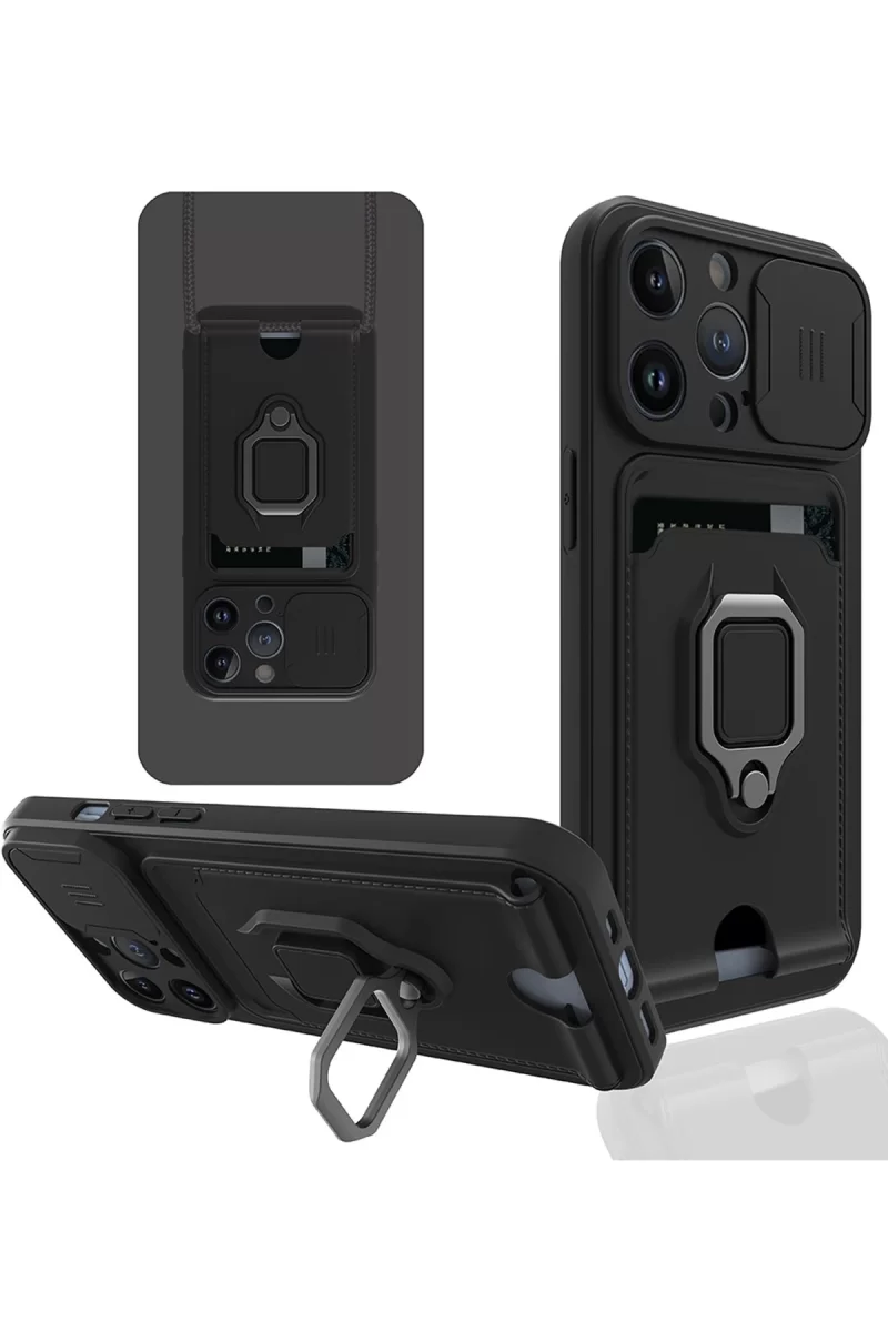 Newface Apple iPhone 14 Pro Kılıf Zuma Kartvizitli Yüzüklü Silikon - Siyah