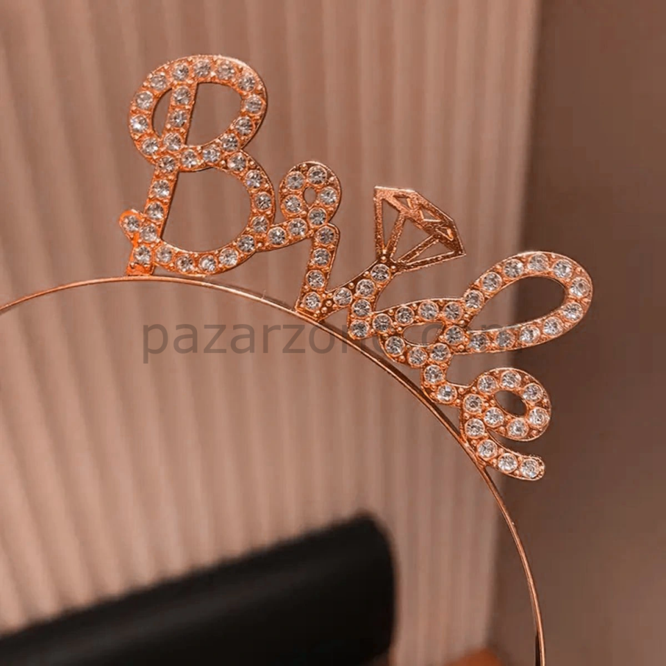 Rose Gold Renkli Taşlı “bride” Gelin Tacı – El Yazısı Yazı Tipiyle