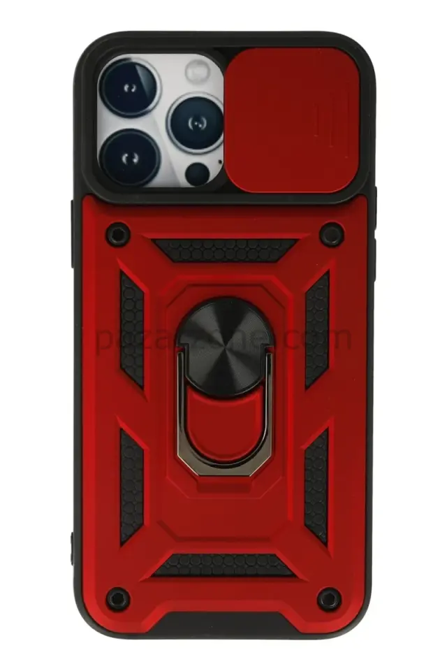 Newface Apple iPhone 13 Pro Kılıf Pars Lens Yüzüklü Silikon - Kırmızı
