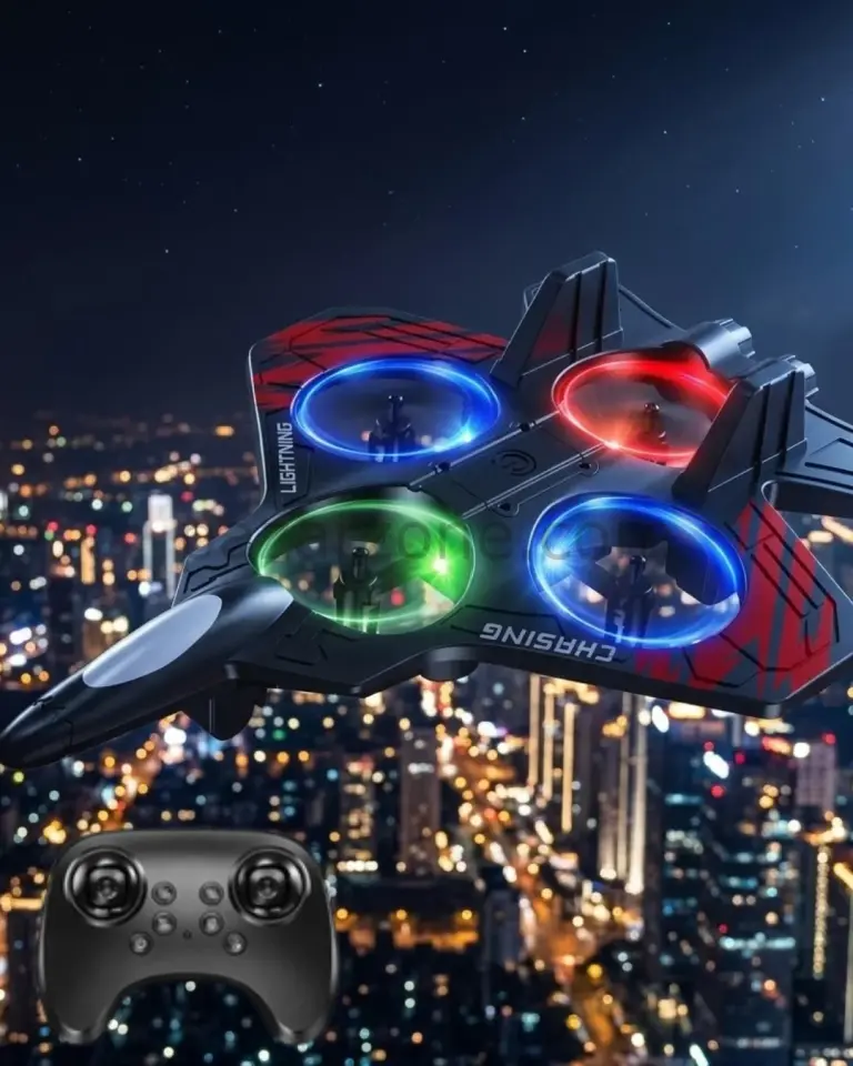 LED Işıklı Uzaktan Kumandalı Drone Fighter Jet Tasarımlı 360 Derece Dönebilen Oyuncak Uçak