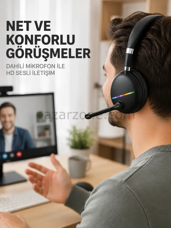 Bluetooth 5.0 Kablosuz Kulak Üstü Kulaklık Mikrofonlu RGB Aydınlatmalı