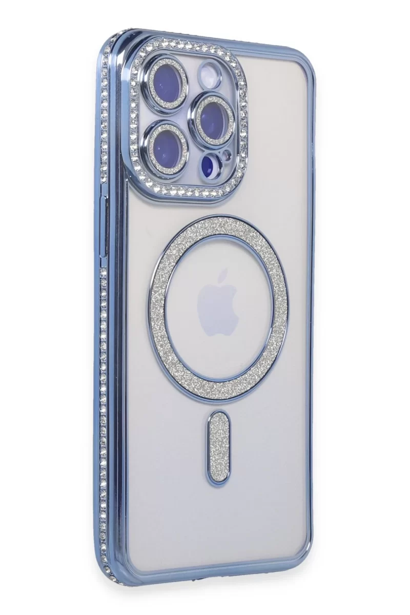 Newface Apple iPhone 14 Pro Max Kılıf Joke Simli Magneticsafe Kılıf - Mavi