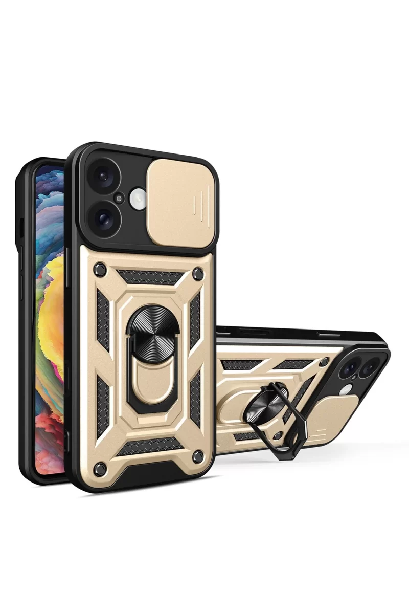 Newface Apple iPhone 16 Kılıf Pars Lens Yüzüklü Silikon - Gold