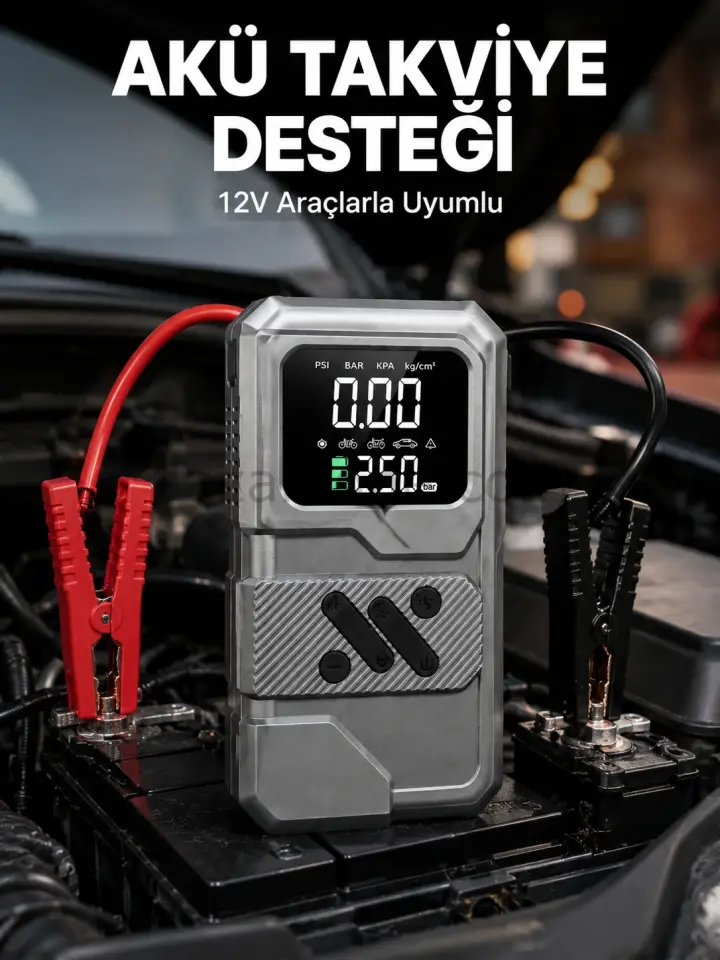 Taşınabilir Araç Akü Takviye ve Hava Kompresörü Powerbank Özellikli