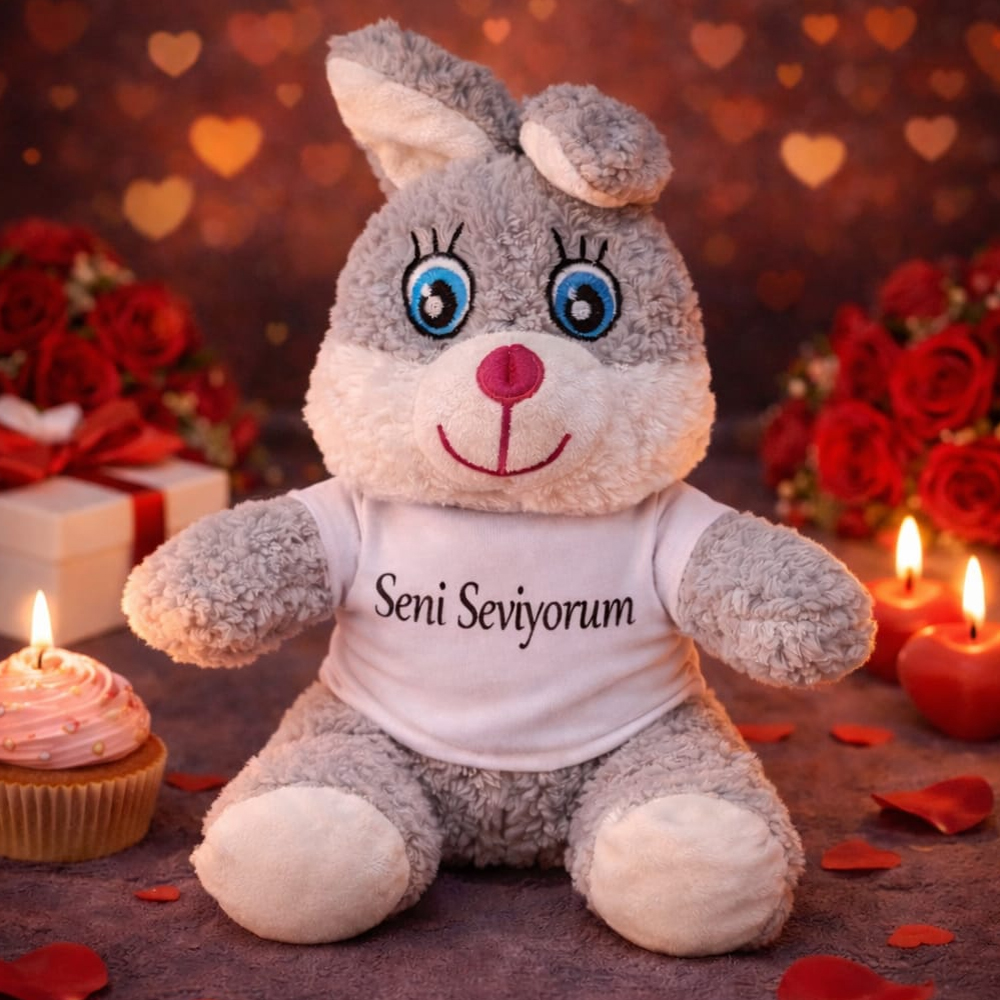Seni Seviyorum Tişörtlü Sevimli Peluş Tavşan