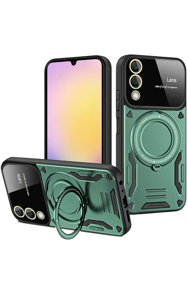Newface Samsung Galaxy S25 Edge Kılıf Joy Lens Standlı Kapak - Koyu Yeşil