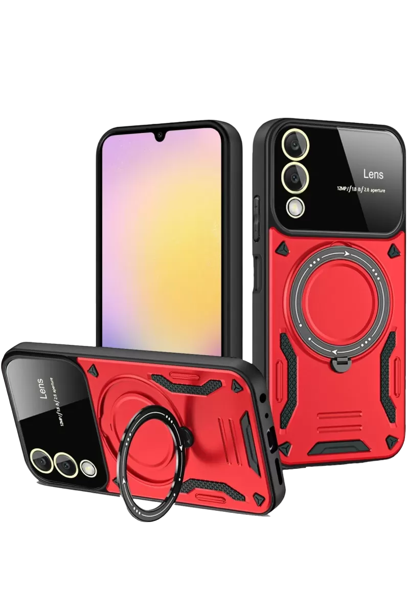 Newface Samsung Galaxy S25 Edge Kılıf Joy Lens Standlı Kapak - Kırmızı