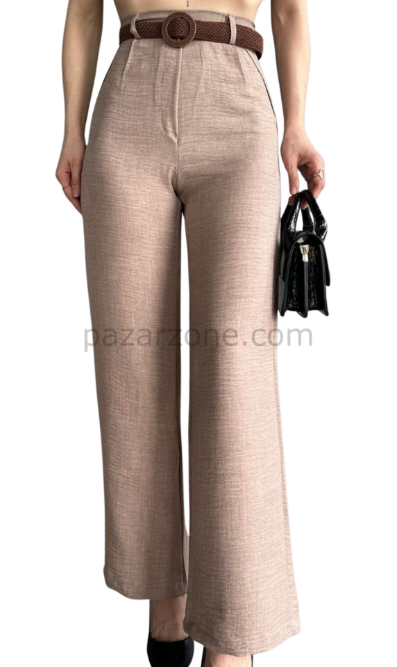 Keten Pantolon Beli Kemerli  - KAHVE