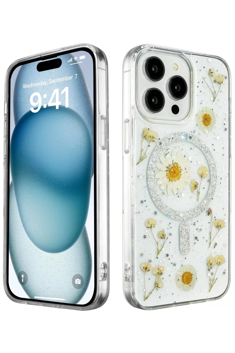 Newface Apple iPhone 14 Pro Max Kılıf Daisy Simli Magsafe Kapak - Gümüş
