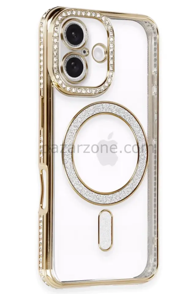 Newface Apple iPhone 16 Kılıf Joke Simli Magneticsafe Kılıf - Gold