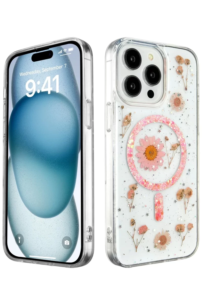 Newface Apple iPhone 14 Pro Max Kılıf Daisy Simli Magsafe Kapak - Pembe