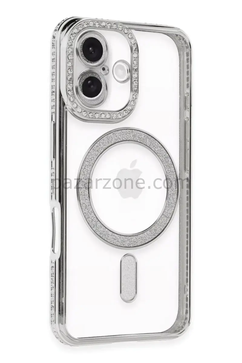 Newface Apple iPhone 16 Kılıf Joke Simli Magneticsafe Kılıf - Gümüş