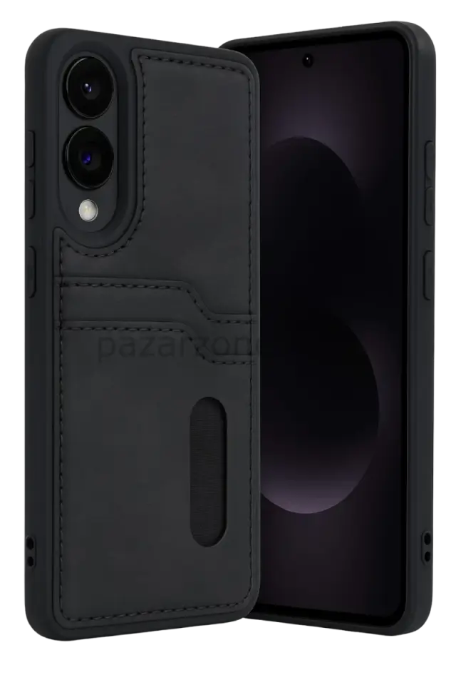 Newface Samsung Galaxy S25 Edge Sara Kartvizitli Deri Kılıf - Siyah