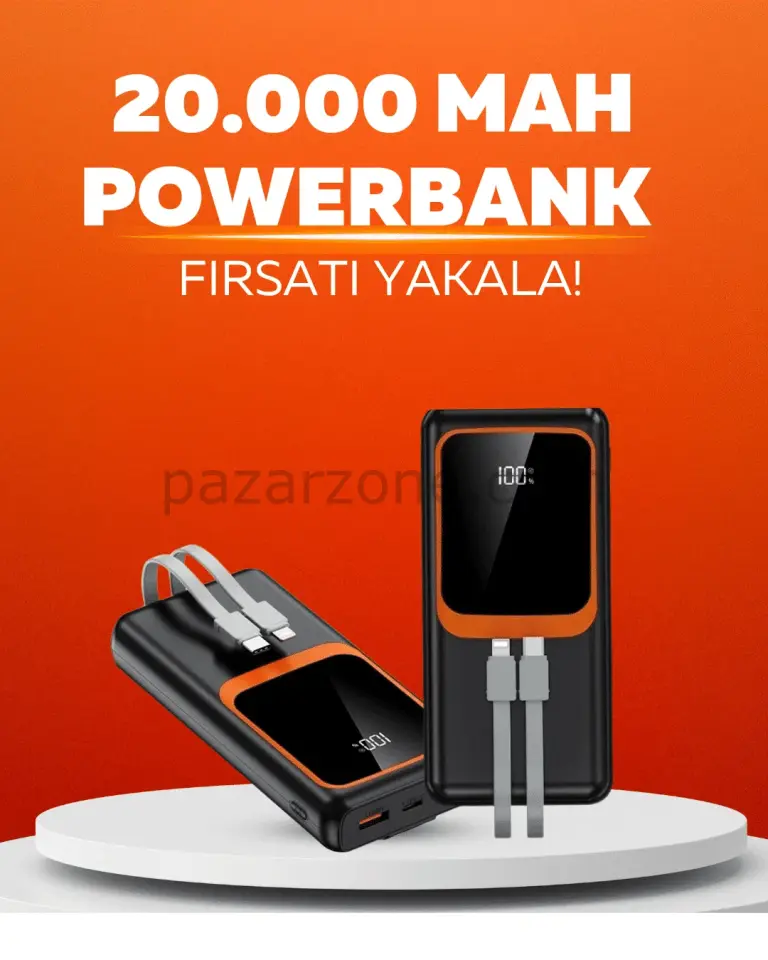 20.000 mAh Powerbank – 22.5W Hızlı Şarj, Çok Kablolu, Dijital Göstergeli