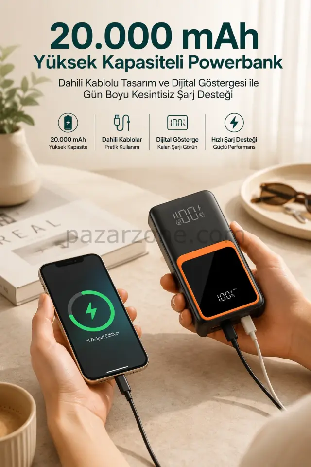 20.000 mAh Taşınabilir Şarj Cihazı Dijital Göstergeli Kablolu Powerbank