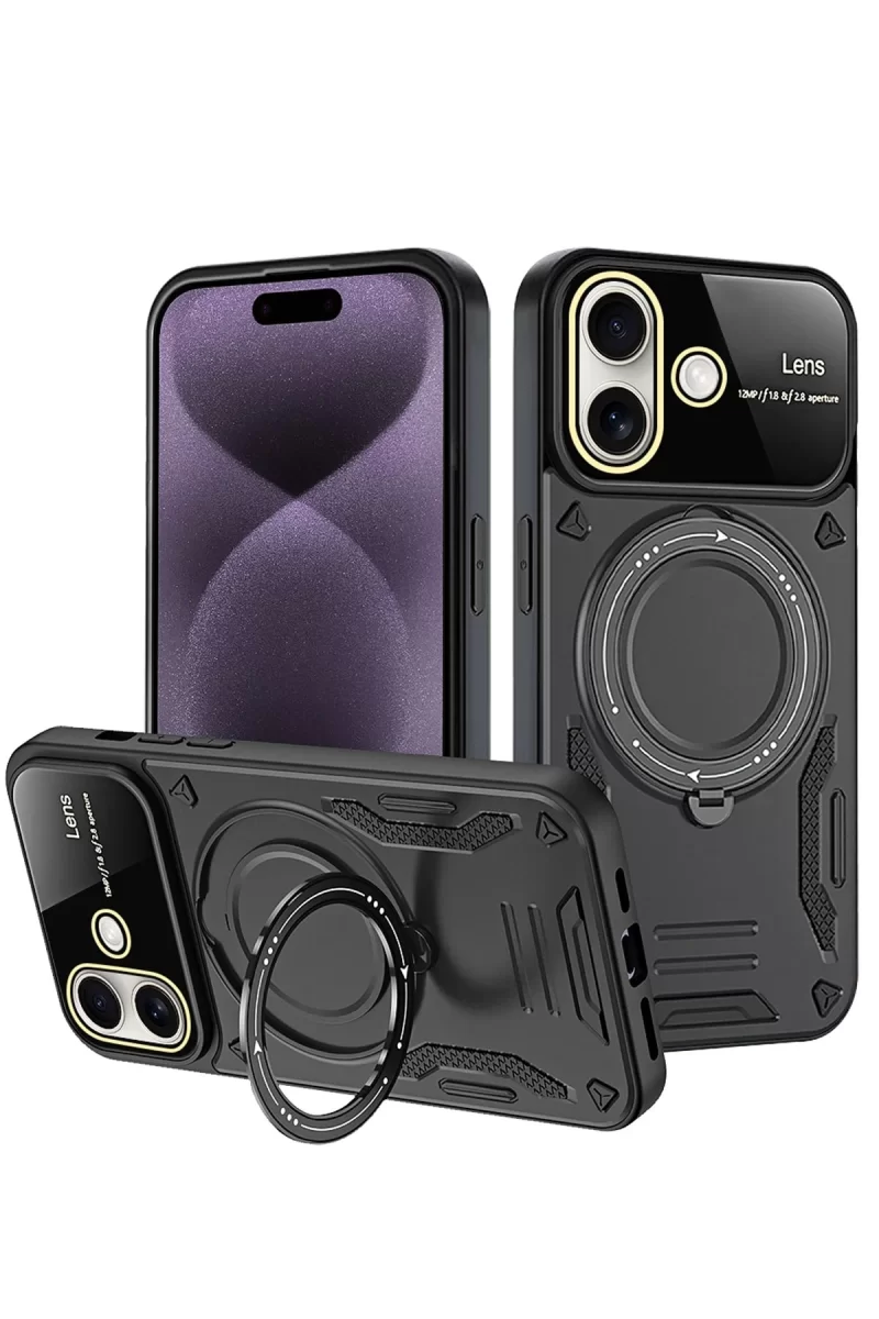 Newface Apple iPhone 16 Kılıf Joy Lens Standlı Kapak - Siyah