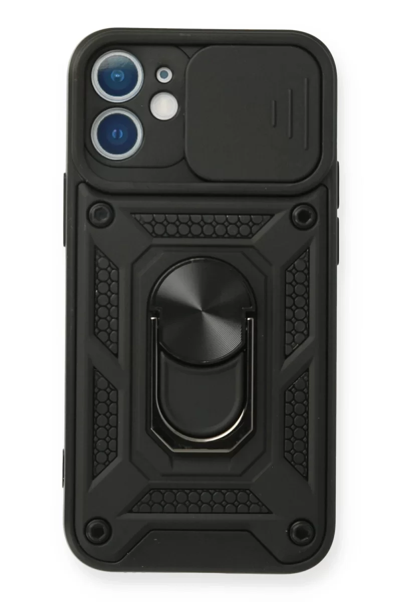 Newface Apple iPhone 12 Mini Kılıf Pars Lens Yüzüklü Silikon - Siyah